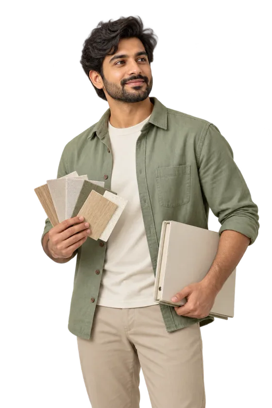 Interior designer holding material swatches and a sample binder