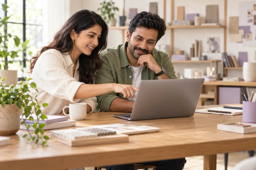 Two colleagues reviewing customer enquiries together on a laptop in a design studio